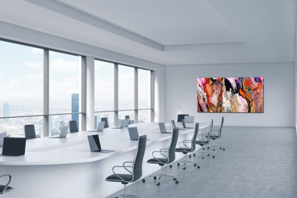 A bright modern panoramic meeting room in a modern office with New York city view. The concept of the meeting of the Board of Director of the huge transnational corporation. 3D rendering.
